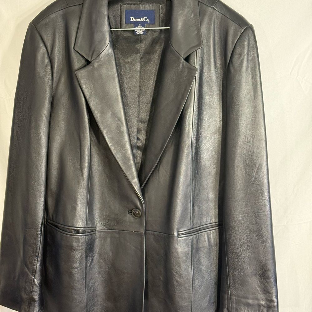 Denim & Co Leather Jacket Long Mid Thigh Blazer Lined Black  Sz 1X